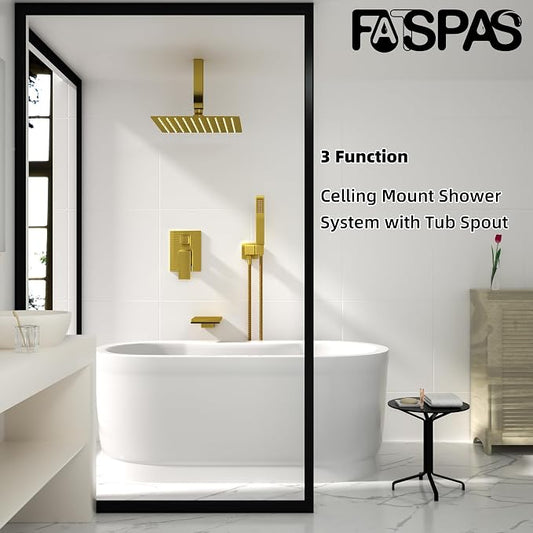 Shower System with 10-Inch Rain Head and Tub Spout | All-Metal Tub Shower Faucet Set, Ceiling Mount Rain Showerhead, Handheld Spray, Includes Valve and Trim Kit, Brushed Gold