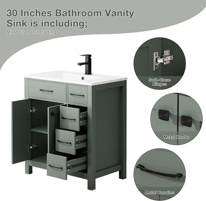 LUCKWIND 30" Modern Bathroom Vanity with Sink Combo, Contemporary Painted Storage Cabinet and Single White Sink, Include Soft-Closing Doors & Matte Black Faucet, Green