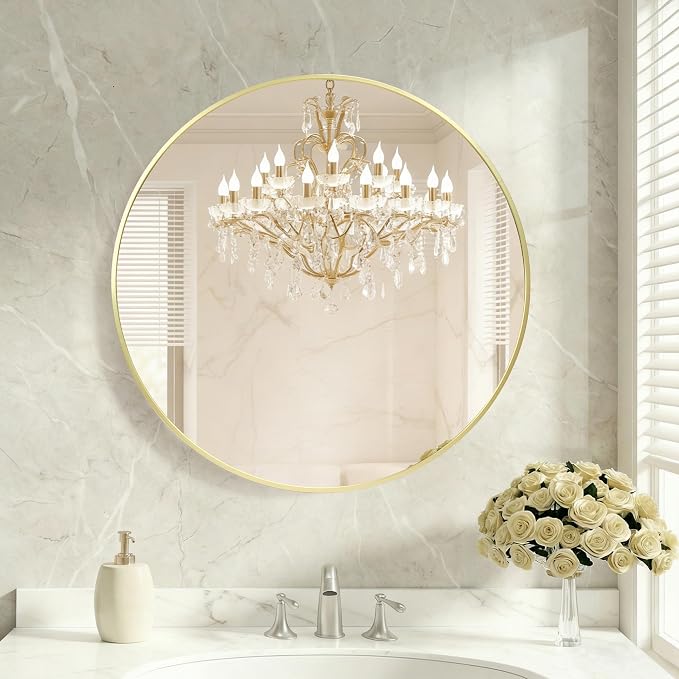 OLIXIS Bathroom Round Mirror for Over Sink, 28 in Wall Circle Mirror, Gold | Matte Brushed Metal Framed, Modern Wall Mount Vanity Mirrors for Home Decor, Living Room, Bedroom