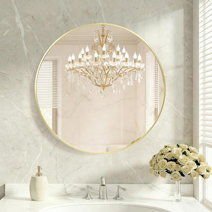 OLIXIS Bathroom Round Mirror for Over Sink, 28 in Wall Circle Mirror, Gold | Matte Brushed Metal Framed, Modern Wall Mount Vanity Mirrors for Home Decor, Living Room, Bedroom