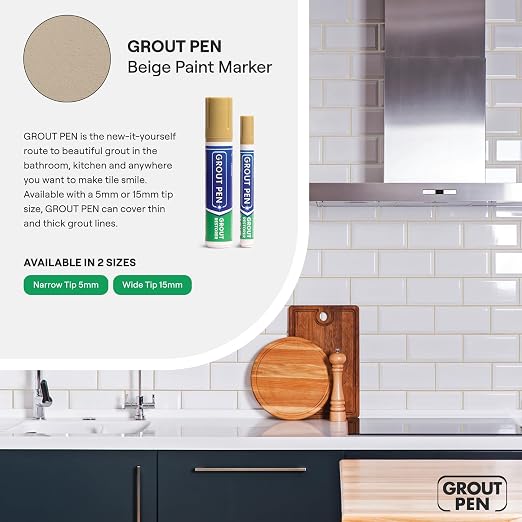 Grout Pen Beige Tile Grout Paint Marker - Narrow 5mm Tip (7mL) - 3 Pack | Waterproof Grout Refresh Restorer for Kitchen & Bathroom, Colorant and Sealer Pens for Cleaner Looking Grout Lines - Beige