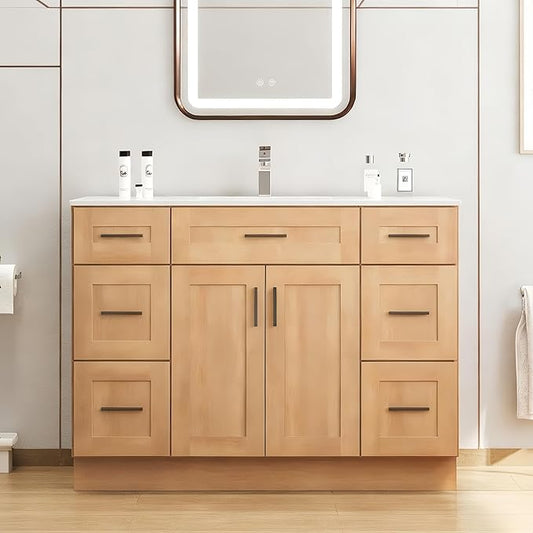 48Inch Bathroom Vanity with Sink, 6 Drawers & Soft-Close Doors, Integrated Ceramic Top, Thickened Panels & Reinforced Wooden Frame, Freestanding Bathroom Storage Cabinet(Natural Oak)