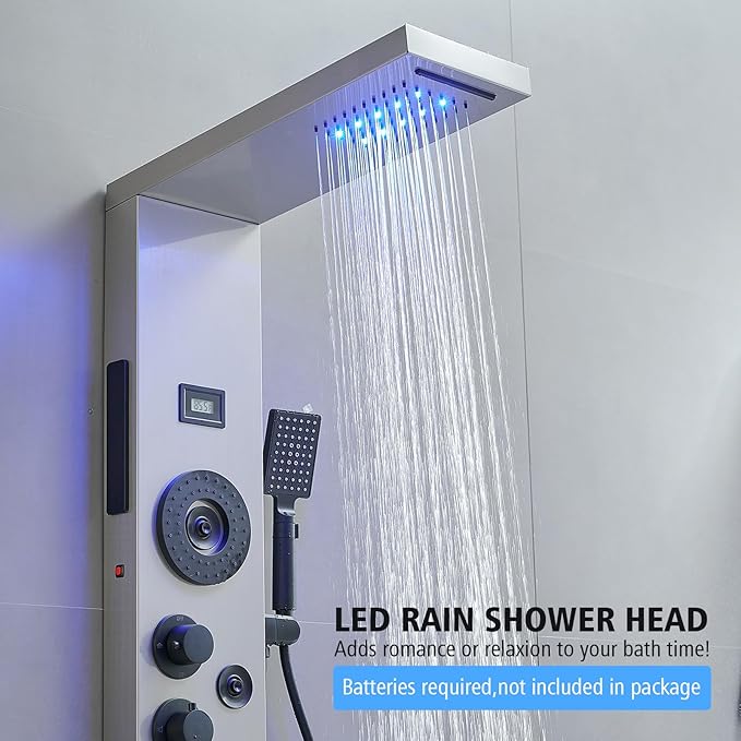 BWE Stainless Steel Shower Panel Tower System,LED Rainfall Waterfall Shower Head,4 Massage Body Jets,3 Functions Handhels Shower and Waterfall Tub Spout,Wall Mounted Shower Panel with Temp Display