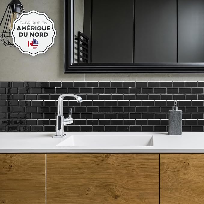 Smart Tiles Peel and Stick backsplash, Subway Jet Black, 10.95"x9.7" | Pack of 10 (6.3 sq ft), Glossy, Heat/Moisture Resistant, Low VOC, Kitchen/Bathroom, Renter Friendly, Made in Canada