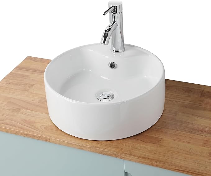 36 inch Bathroom Vanity with Sink and Solid Wood Countertop, Wall Mounted Bathroom Vanity Cabinet with 2 Drawers & 1 Door, Modern Floating Bathoom Vanity Set Include Round Ceramic Basin Sink & Mirror