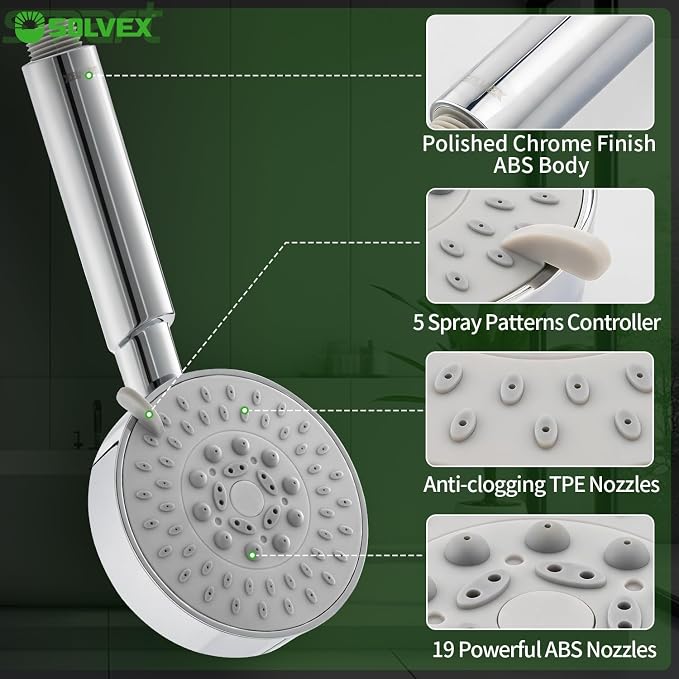 SOLVEX Shower Head with Handheld,High Pressure 5-mode Handheld Shower Head,Anti-clog Nozzles High Flow Hand Held Shower Head,Stainless Steel Leakproof Hose&Adjustable Bracket SP-92052