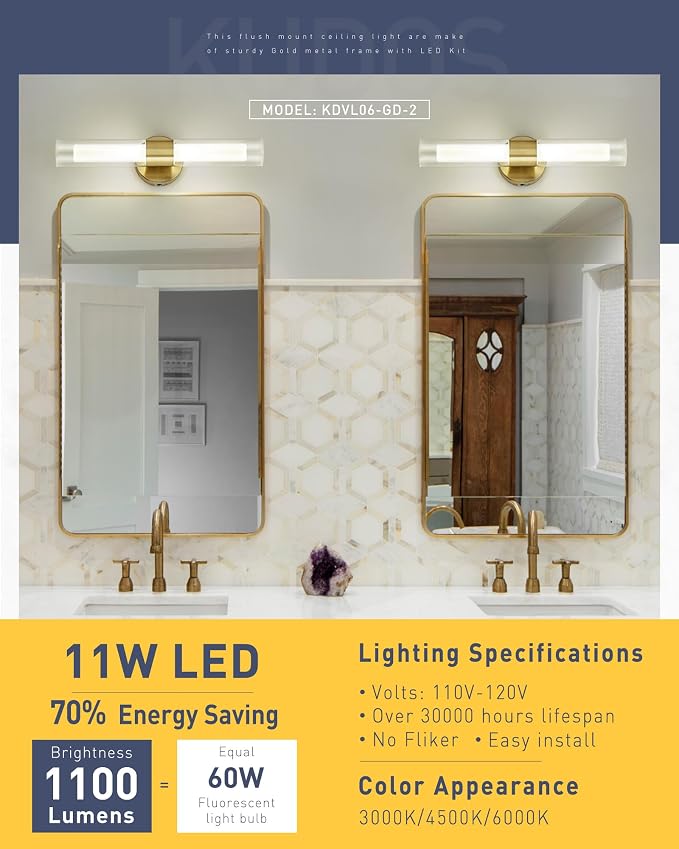 kudos 2-Pack Brushed Gold LED Vanity Lights, Clear and Frosted Glass, 3CCT | 11W,1100 Lumens, 3000K, 4500K and 6000K Selectable, Hardwired, for Bathroom, Bedroom and Over Mirror, KDVL06-GD-2-2PK