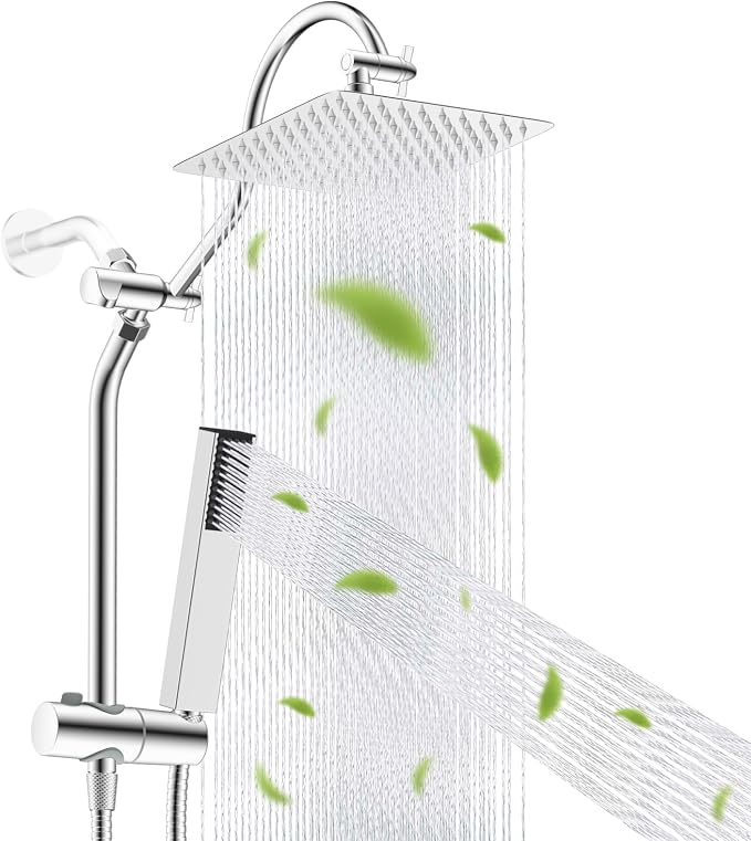 Hibbent 10'' Rainfall Shower Head with 4-mode Handheld Shower Spray, Chrome | cUPC Certified High Pressure Showerhead Combo, 12'' Adjustable Extension Arm, Extension Bar, Easy Reach Holder, 71'' Hose