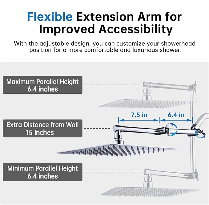G-Promise All Metal 12 Inches Rainfall Shower Head with Handheld Combo | All Metal, Built to Last, Easy Install, Adjustable Height & Angle for All Heights, Extra Long Hose, Modern Upgrade