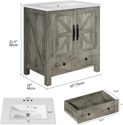 YITAHOME 30 Inch Farmhouse Bathroom Vanity with Sink, Small Space Bathroom Storage Cabinet with Large Drawer, 2 Wood Barn Doors with Built-in Door Racks