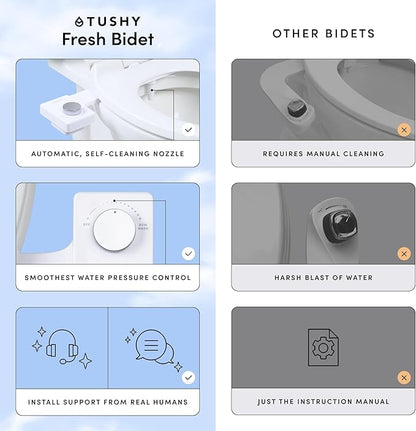 TUSHY Fresh Cool Water Bidet: Ultra Slim Toilet Seat Attachment (Non-Electric Self-Cleaning Hygienic Nozzle) Easy DIY Install <10 Min | Adjustable Water Pressure Control, Silver Knob