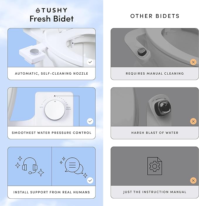 TUSHY Fresh Cool Water Bidet: Ultra Slim Toilet Seat Attachment (Non-Electric Self-Cleaning Hygienic Nozzle) Easy DIY Install <10 Min | Adjustable Water Pressure, Bamboo Knob