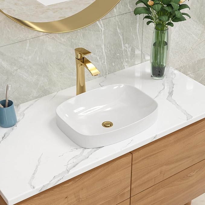 Lordear Vessel Sink Bathroom Semi Recessed Sinks 20 x 15 Inch Oval White Ceramic Vessel Sinks Modern Vanity Sink Bath Wash Bowl Above Counter Basin