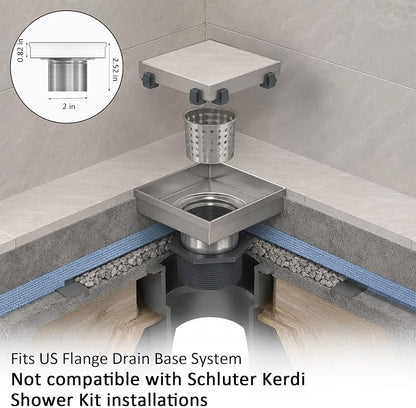 Tile-in Square Shower Drain 6 Inch with Hair Strainer, Brushed | SUS 304 Stainless Steel, Removable Grate & Hair Strainer Design, for Bathroom, Kitchen, Balcony, Garage, Basement, Toilet