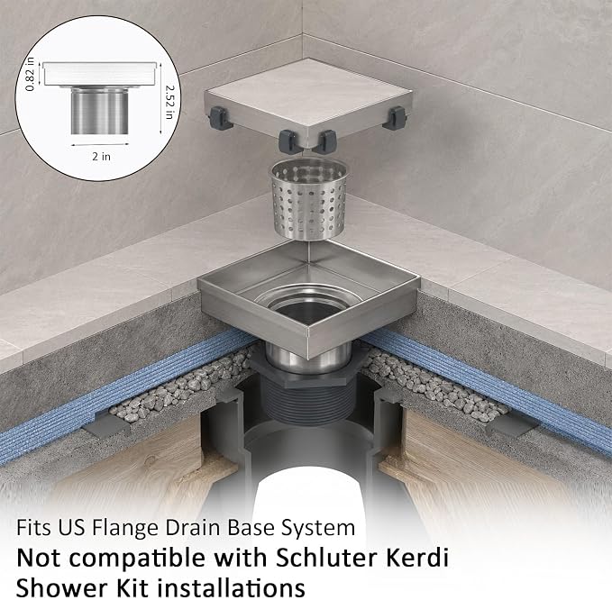 4 Inch Square Shower Drain with Tile Insert Grate, Brushed | SUS 304 Stainless Steel, Removable Grate & Hair Strainer Design, for Bathroom, Kitchen, Balcony, Garage, Basement, Toilet