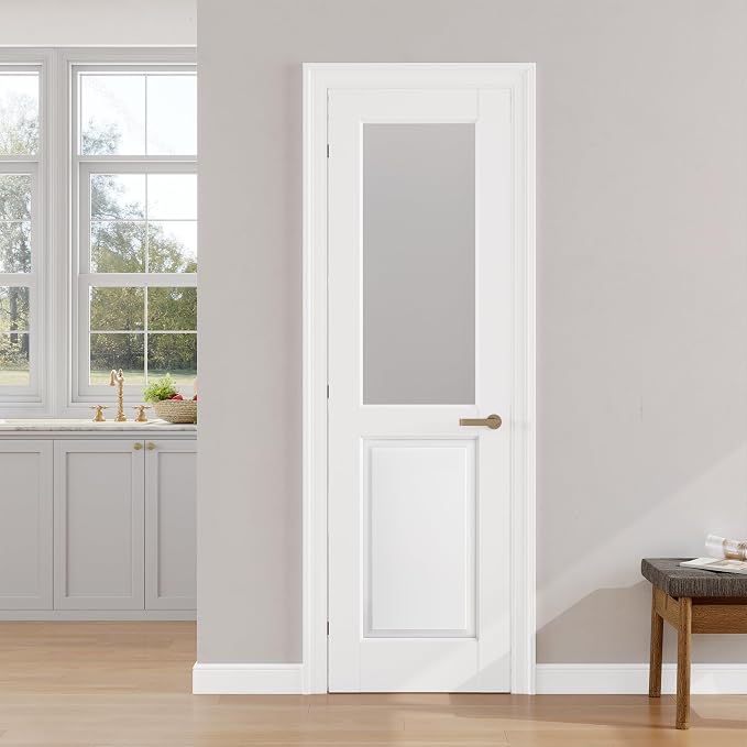 SMARTSTANDARD 24" x 80" Frosted Glass Interior Door Slab, Solid Core | Pre-Assembled French Slab Door for Pantry Laundry Closet Bathroom, without Hardware, White Primed, Paintable Surface