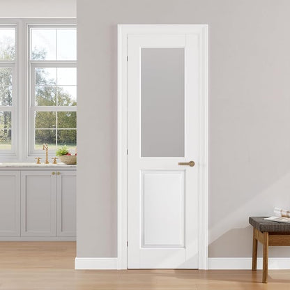 SMARTSTANDARD 24" x 80" Frosted Glass Interior Door Slab, Solid Core | Pre-Assembled French Slab Door for Pantry Laundry Closet Bathroom, without Hardware, White Primed, Paintable Surface
