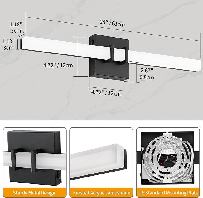 Modern Black Vanity Light Bar 24 Inch, 16W 5CCT Dimmable Bathroom Light Fixtures LED Wall Lighting Fixture