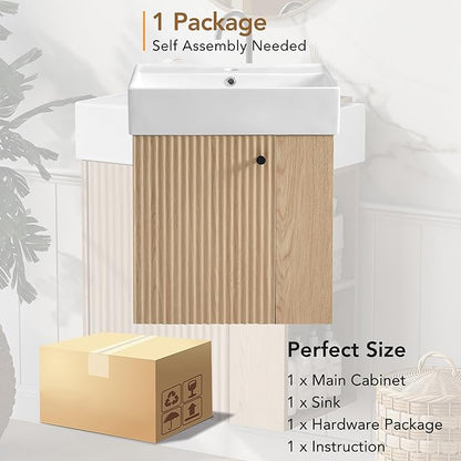 Harper & Bright Designs 21.6" Bathroom Vanity with Sink, Wall-Mounted Single Basin Vanity Set with Cabinet & Two-Tier Right Side Storage Shelf, Storage Cabinet with Ceramic Basin for Bathroom, Wood