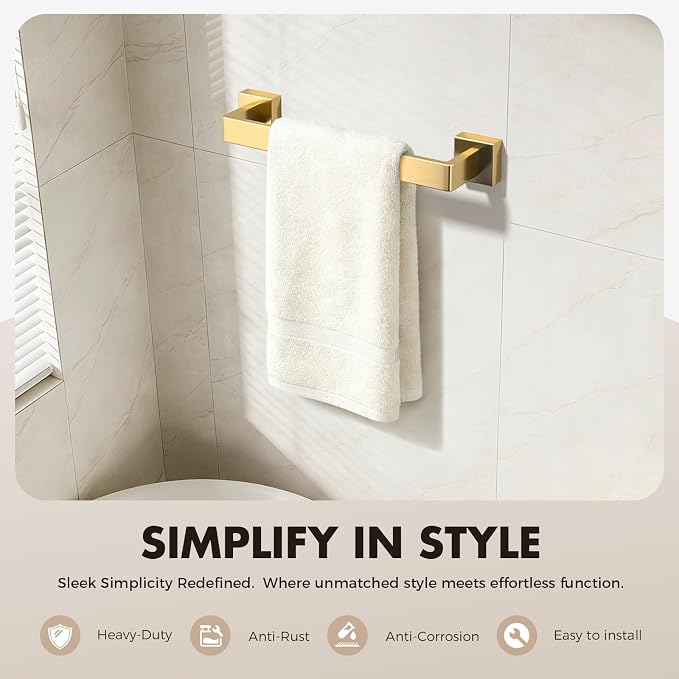 15-Pieces Gold Bathroom Accessories Set, 16 Inch Towel Bar Set | Stainless Steel, Towel Ring, Toilet Paper Holder, Robe Hooks, Towel Racks for Bathroom Wall Mounted, Bathroom Hardware Set