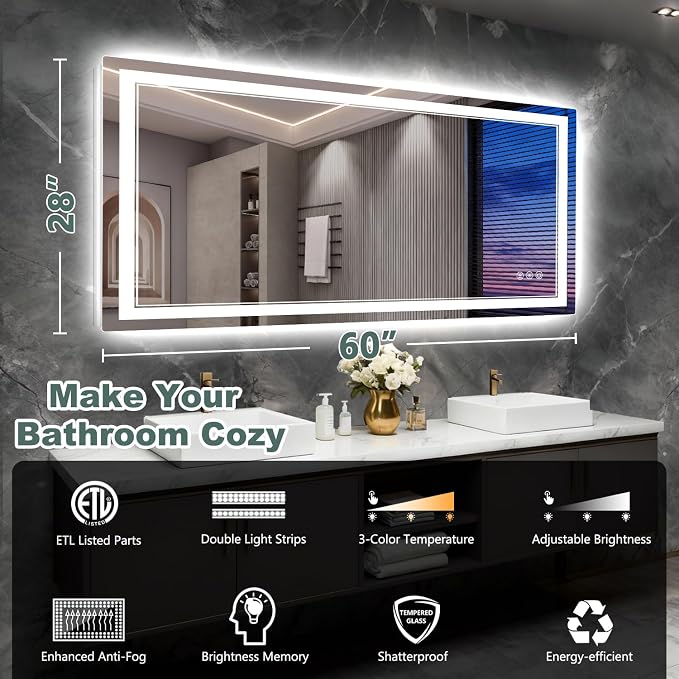 60x28 Inch LED Bathroom Mirror with Lights, 3 Colors Dimmable LED Vanity Mirror, Front and Back Lit, Anti-Fog, Memory Function, Shatterproof Tempered Glass, ETL Listed, Wall Mounted Makeup Mirror