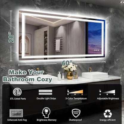 60x28 Inch LED Bathroom Mirror with Lights, 3 Colors Dimmable LED Vanity Mirror, Front and Back Lit, Anti-Fog, Memory Function, Shatterproof Tempered Glass, ETL Listed, Wall Mounted Makeup Mirror