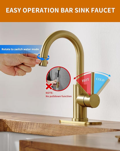 Tohlar Gold Bathroom Faucet, Brushed Gold Wet Bar/Pre-Kitchen Faucet for Sink 1 or 3 Hole, Bathroom Sink Faucet with Deck Plate and Sprayer, Single Handle Bar Sink Faucet with Pop Up Drain
