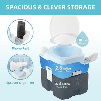 YITAMOTOR 5.28 Gallon Portable Toilet for Camping, RV Toilet with Diagonal Elongated Bowl Seat, Porta Potty with Hand Sprayer, Leak-Proof for Adults, RV Travel, Hospital, Boat, Trip, Home, Light Blue
