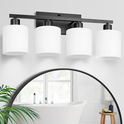 SILAMPDI Black Bathroom Light Fixtures Over Mirror, 4-Light Vanity Lights for Bathroom, Modern Wall Sconces Lighting for Bedroom Living Room, Milky White Glass Shades, E26 Base, Bulbs Not Included