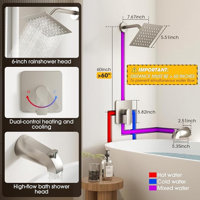 Shower Faucet Set Bathtub Faucet Set with Valve Included Shower Valve Kit with All-Metal High Flow Tub Spout,6 Inch High Pressure Head,Solid Brass Valve Body and Metal Handle Trim,Brushed Nickel