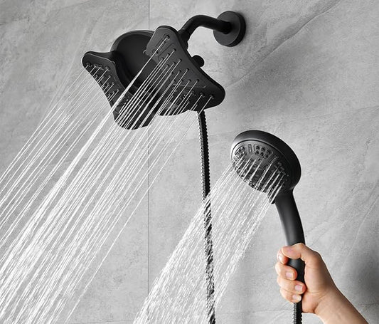 GRICH Shower Head with Handheld Spray - Dual High Pressure Showerhead | Rainfall Shower Heads Combo, Detachable Hand Shower, 9 Spray Settings, 60" Stainless Steel Shower Hose, 2.5GPM, Black