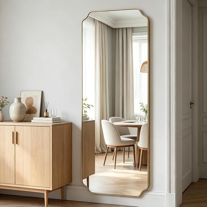 24" x 65" Brushed Gold Full Length Mirror for Wall | Rustproof Stainless Steel Frame, Antique Italian Curved Design, Wall Mount or Leaning for Bedroom, Living Room, Cloakroom