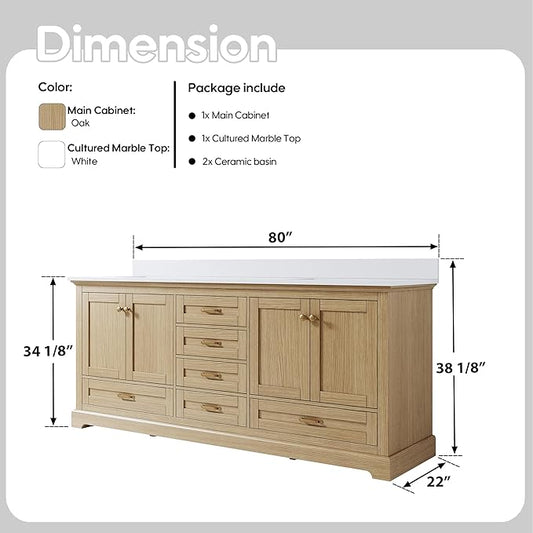 WELLFOR 80" Bathroom Vanity with Double Sinks, Bathroom Freestanding Vanity W/4 Soft-Close Doors and 6 Drawers, Large Storage Space Vanity, Cultured Marble Countertop (Oak)