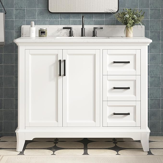 42 Inch Bathroom Vanity with Sink, Farmhouse Bathroom Vanity Set with Quartz Countertop, Painted Bathroom Storage Cabinet with Soft Closing Doors & Dovetail Pine Drawers, White