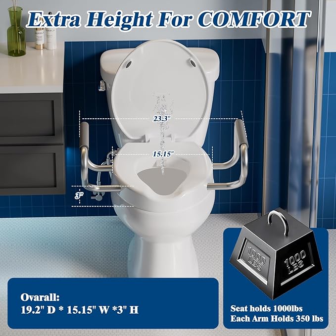 Raised Toilet Seat with Handdles and Bidet Attachment,Elongated - Non-Electric Bidet with Dual Nozzles - Elevated Toilet Risers for Seniors & Limited Mobility - Easy Install & Clean