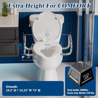 Raised Toilet Seat with Handdles and Bidet Attachment,Elongated - Non-Electric Bidet with Dual Nozzles - Elevated Toilet Risers for Seniors & Limited Mobility - Easy Install & Clean