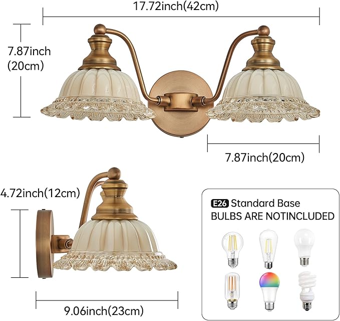 Vintage Vanity Light Brushed Brass 2 Light Vanity Lights for Bathroom Vanity Light Fixtures