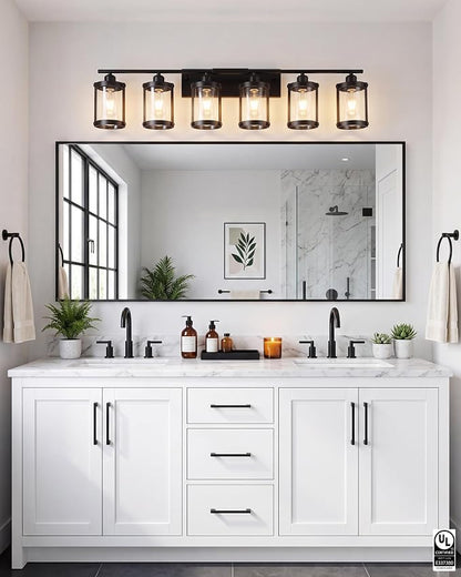6-Light Matte Black Bathroom Light Fixtures Over Mirror with Clear Glass and Metal Cage Shade, 42" UL-Listed Modern Farmhouse Wall Sconce for Bath, Hardwire E26, OS-3014BK-6W