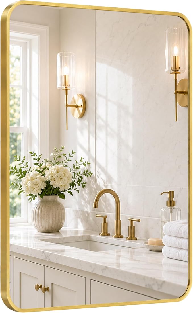 24x36 Inch Brushed Gold Rounded Rectangle Bathroom Vanity Mirror | For Over-Sink Bathrooms, Corrosion-Resistant Aluminum Frame, Slim Front Profile, Two-Way Mount, Protective Packaging