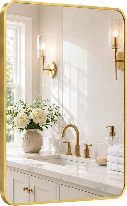 24x36 Inch Brushed Gold Rounded Rectangle Bathroom Vanity Mirror | For Over-Sink Bathrooms, Corrosion-Resistant Aluminum Frame, Slim Front Profile, Two-Way Mount, Protective Packaging