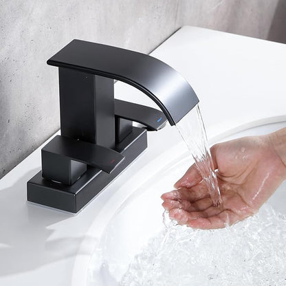 Black Waterfall Bathroom Sink Faucet with Pop up Sink Drain Stopper Overflow for Faucet Vessel, 4 Inch 2 Handles 2 or 3 Holes Centerset Faucet for Lavatory Bathroom Sink with Supply Lines