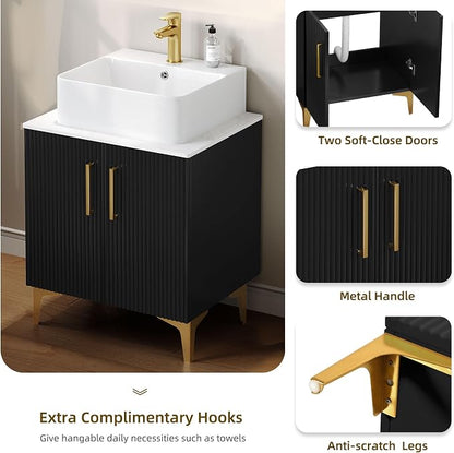 DWVO Bathroom Vanity 24 Inch with Counter Top Sink Combo | Modern Bathroom Storage Vanity Cabinet Set Included 2 Large Soft Closing Doors, Drain, Gold Handles & Legs, Black