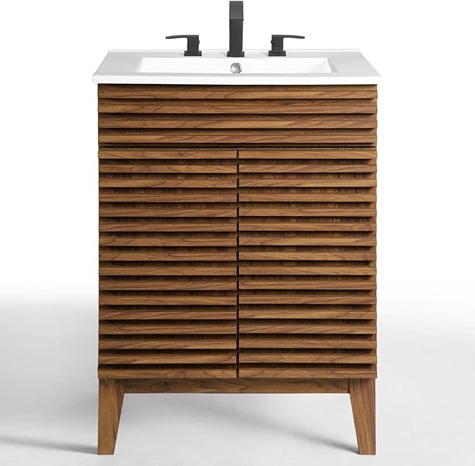Modway Render Mid-Century Bathroom Vanity With Sink in Walnut White,24 Inch