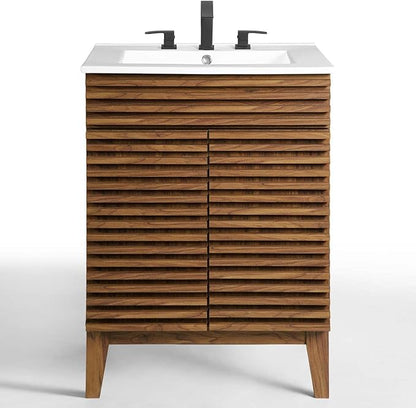 Modway Render Mid-Century Bathroom Vanity With Sink in Walnut White,24 Inch