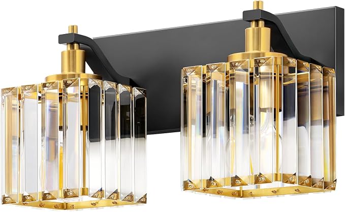 EDISHINE 2-Light Black Gold Bathroom Vanity Light, Crystal Wall Sconce, E26 | Up/Down Reversible, Modern Style, Black Gold Frame, Ideal for Bath, Powder Room