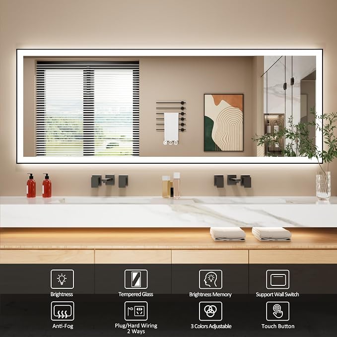 84x32 Inch LED Bathroom Mirror with Black Frame | Black Metal Frame, Front and Backlit, 3 Colors, Dimmable, Memory, Anti Fog, Tempered Glass, Lighted Mirror for Wall