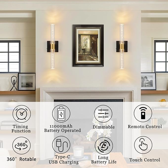 Battery Operated Wall Sconces Set of Two, Rechargeable Modern Crystal Bathroom Sconces, 3000K-6000K Dimmable Gold LED Wireless Wall Lights for Vanity Bedroom Living Room Hallway（Black Gold）