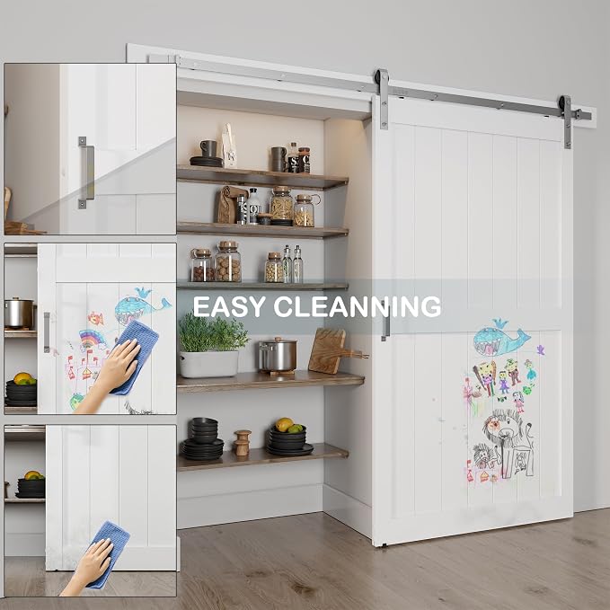 48''x84'' Sliding Barn Door with 8 Ft Brushed Nickel Hardware Kit | Pre-Drilled Holes Easy Assembly - Include Installation Manual, Water-Proof PVC Surface, H-Frame, White