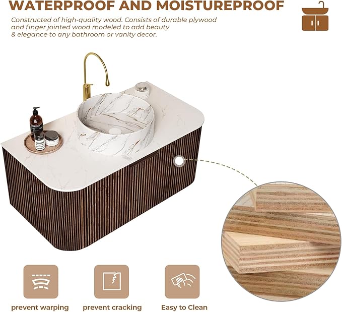 LKTART 36 Inch Floating Bathroom Vanity with Sink, Modern Wall Mounted Bathroom Storage Cabinet with Drawer, Stone Pattern Round White Ceramic Sink Top and Marble Texture Top, Walnut