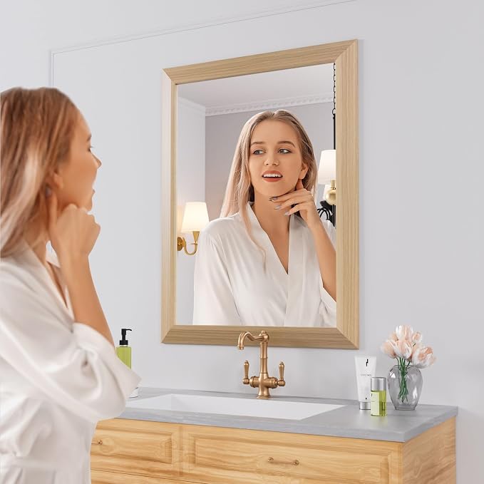 Bathroom Mirror, 24" X32" (Oak Wood Grain) | Metal Frame Mirror for Wall, HD Reflection, Anti-Rust, Horizontally/Vertically, Suitable for Bathroom, Farmhouse, Entryway